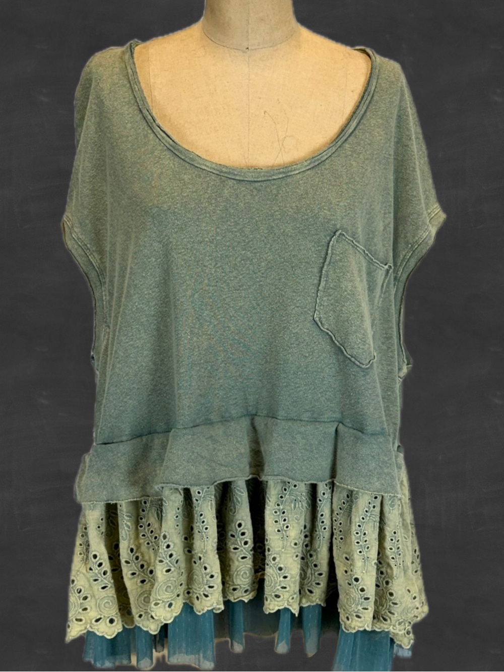 Lagenlook boho Top Sage Green Linen Eyelet Lace ruffle oversized boxy Artsy
